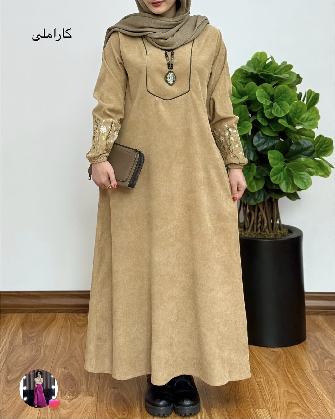 پیراهن مانتویی زنانه مخمل کبریتی طرح گلدوزی گندم