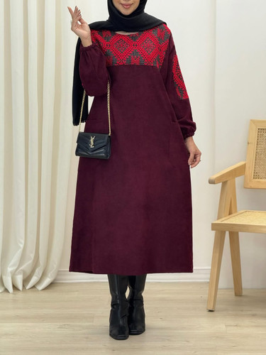 مانتو پیراهنی زنانه مخمل کبریتی طرح نهال