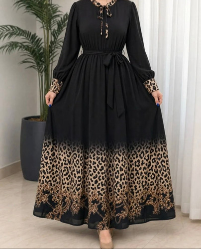 پیراهن زنانه مشکی طرح حاشیه پلنگی زنجیری