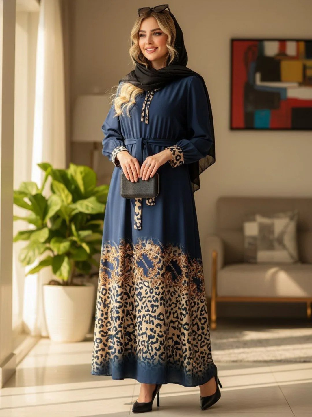 پیراهن زنانه فلور طرح حاشیه پلنگی زنجیری