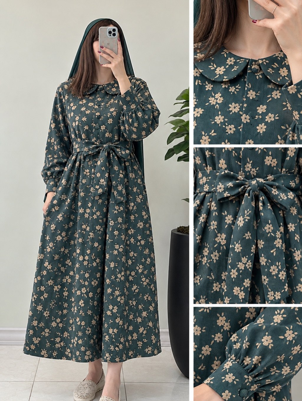 مانتو پیراهنی زنانه مخمل کبریتی طرح نهال
