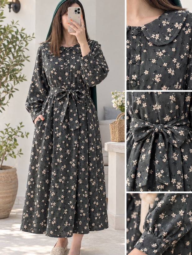 مانتو پیراهنی زنانه مخمل کبریتی طرح نهال